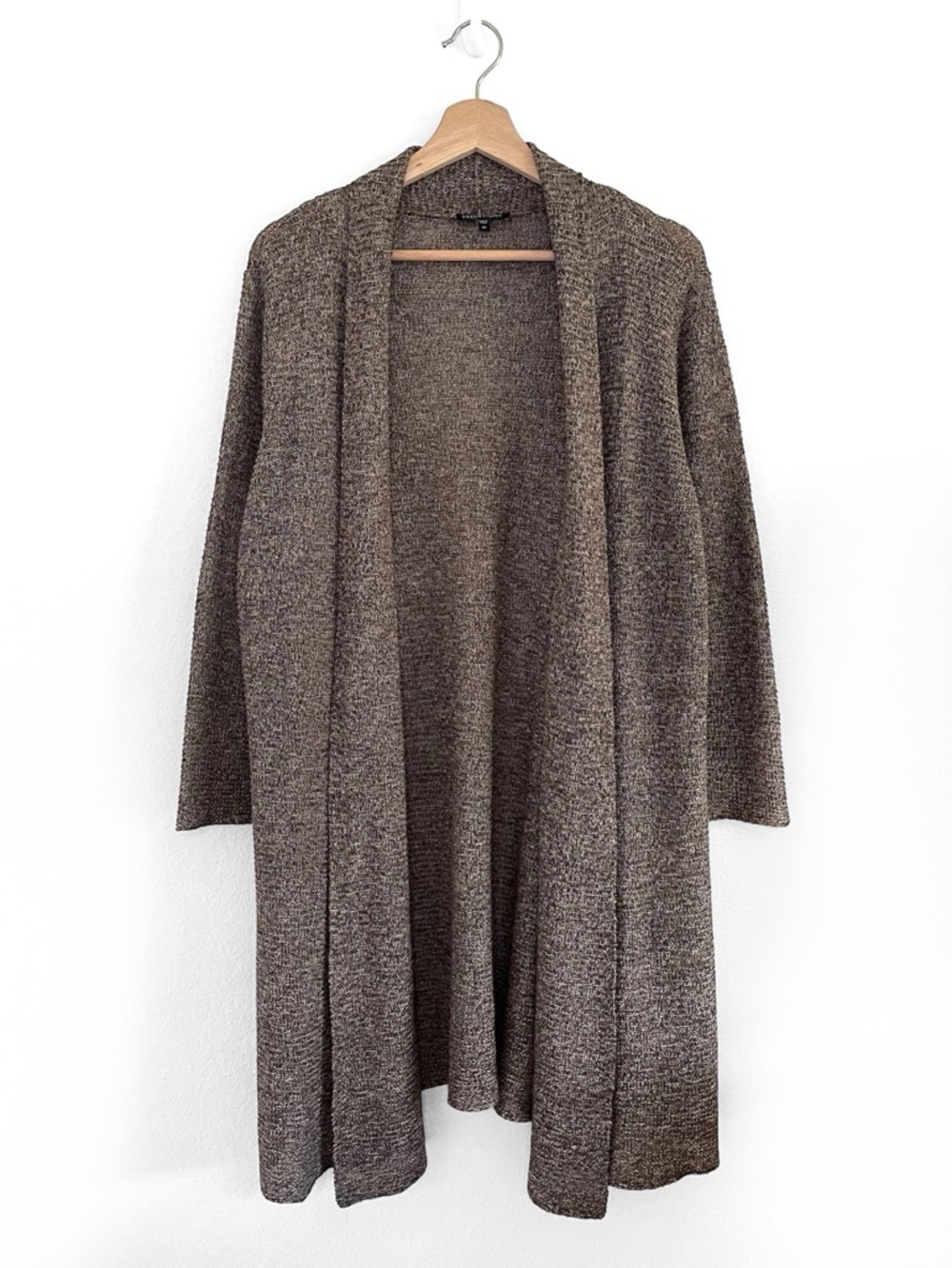 Eileen Fisher Linen Cardigan Link Knit Longline Open Sweater Heather Taupe XL